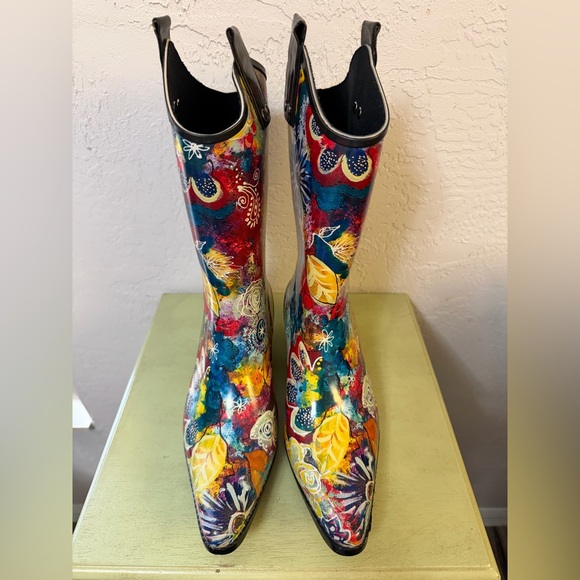 Rain Bops Beehive Rubber Cowboy Boots Pointed Toe Abstract Art Boho Western Shoe - Picture 3 of 13